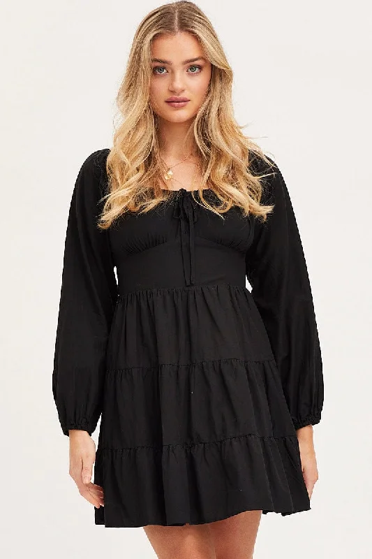 Black Fit And Flare Dress Long Sleeve Square Neck