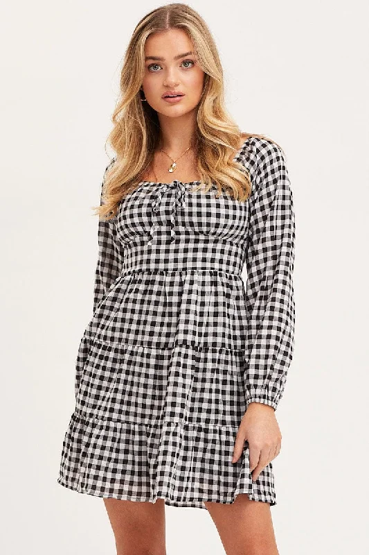 Check Fit And Flare Dress Long Sleeve Square Neck