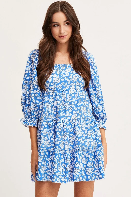 Ditsy Print Fit And Flare Dress Long Sleeve Square Neck