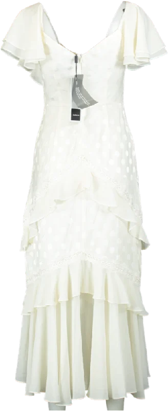 Three Floor Off White Frilled Polka Dot Dress UK 8