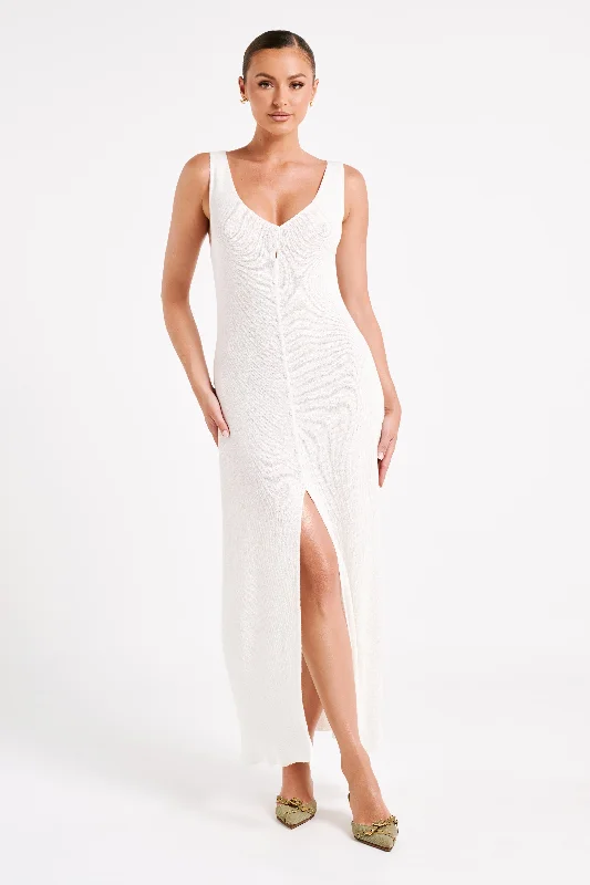 Antonia Buttoned Knit Maxi Dress - White