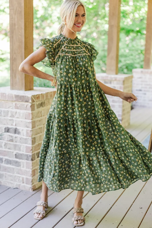 Better Than Ever Olive Green Ditsy Floral Midi Dress