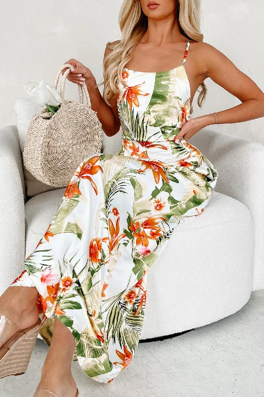 Palm Paradise Tropical Satin Maxi Dress (Off White/Multi)