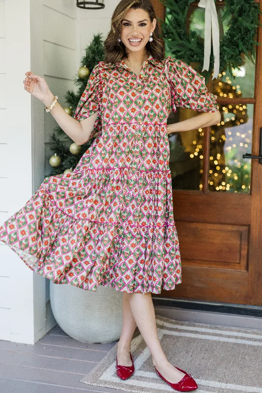 Run To You Green Holiday Medallion Print Midi Dress