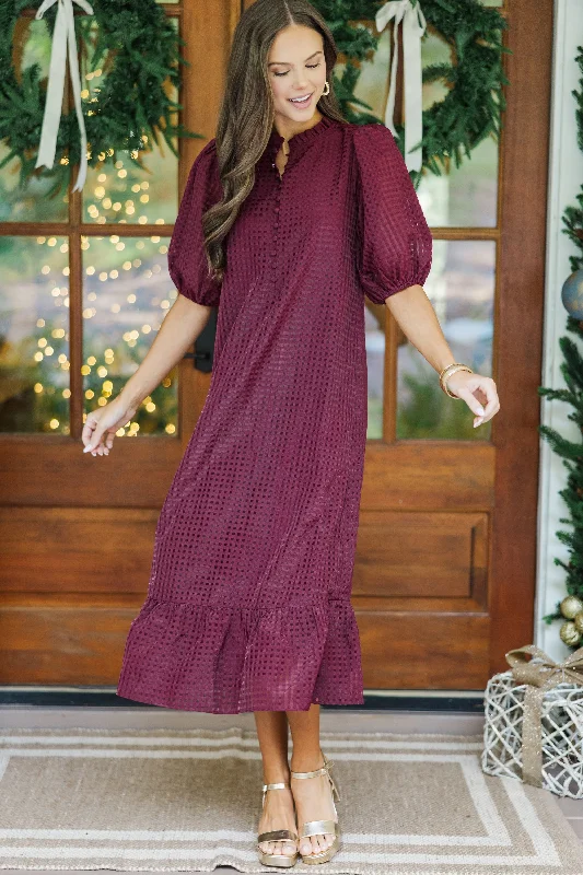 See The Light Burgundy Textured Midi Dress