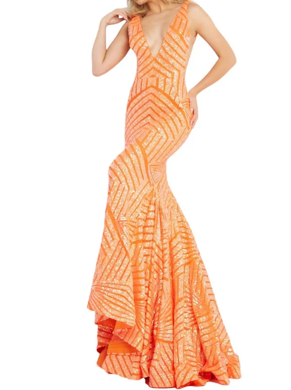 Embellished Sexy Low V Party Dress In Neon Orange