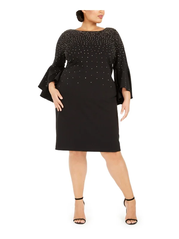 Plus Womens Bell Sleeves Studded Cocktail and Party Dress