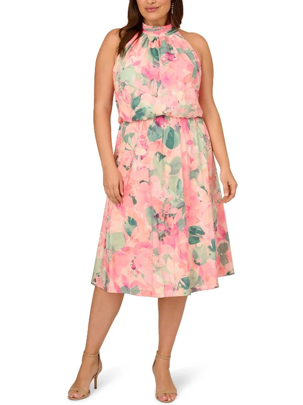 Plus Womens Floral Halter Cocktail And Party Dress