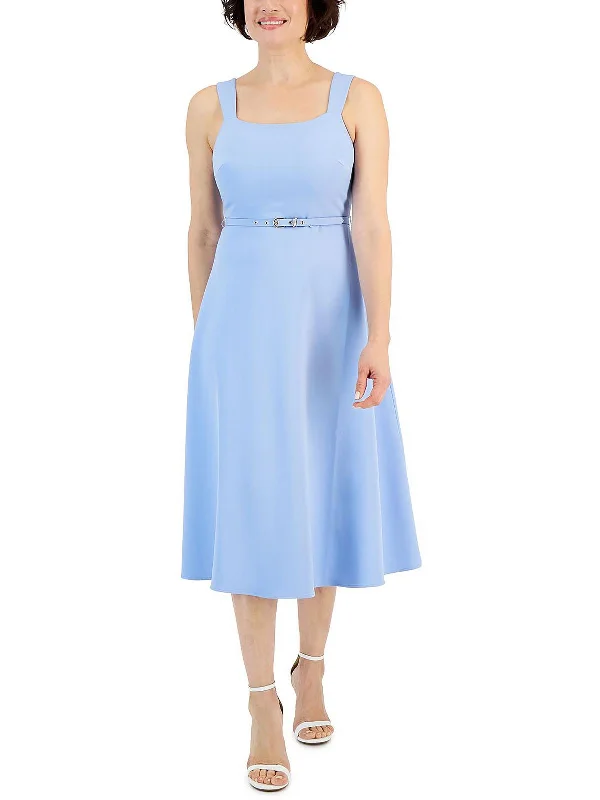 Womens Square Neck Belted Cocktail And Party Dress