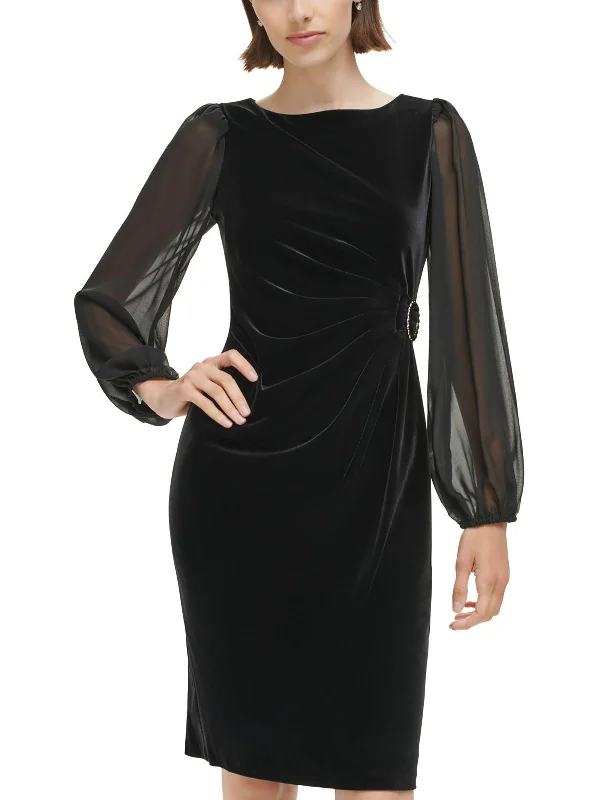 Womens Velvet Puff Sleeves Cocktail And Party Dress