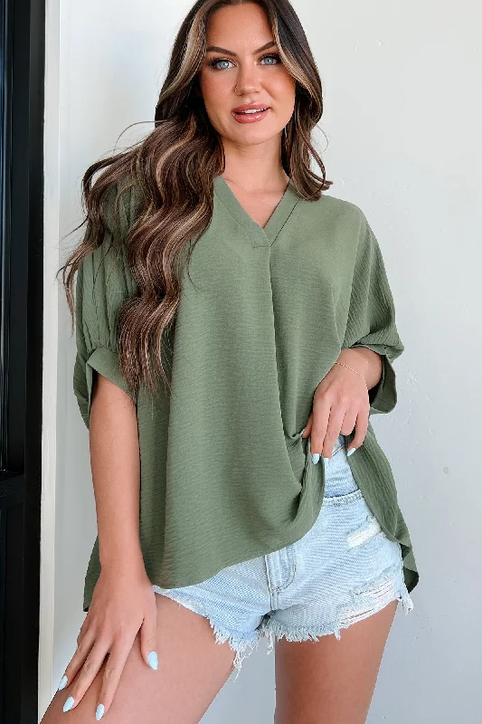 Office Chats Oversized V-Neck Blouse (Light Olive)