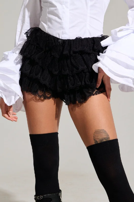 PRETTY GIRL SWAG RUFFLE MINI SHORTS IN BLACK