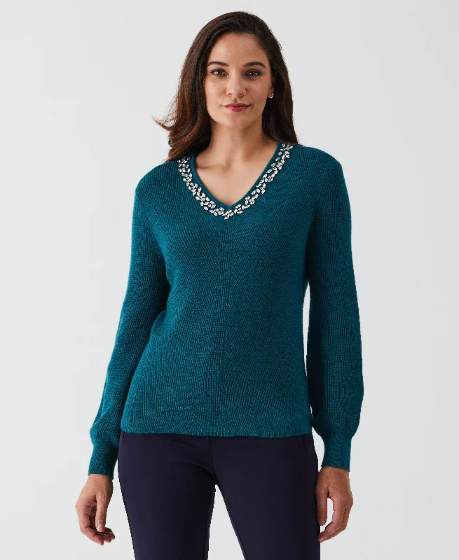 Petite Embellished V-Neck Sweater