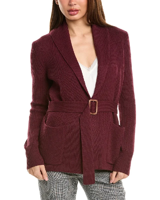 Bruno Magli Ribbed Belted Shawl Wool Cardigan