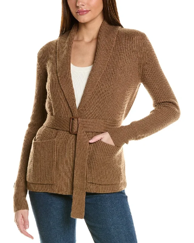 Bruno Magli Ribbed Belted Shawl Wool Cardigan