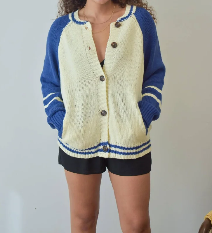 Game Day Varsity Cardigan In Cream/blue