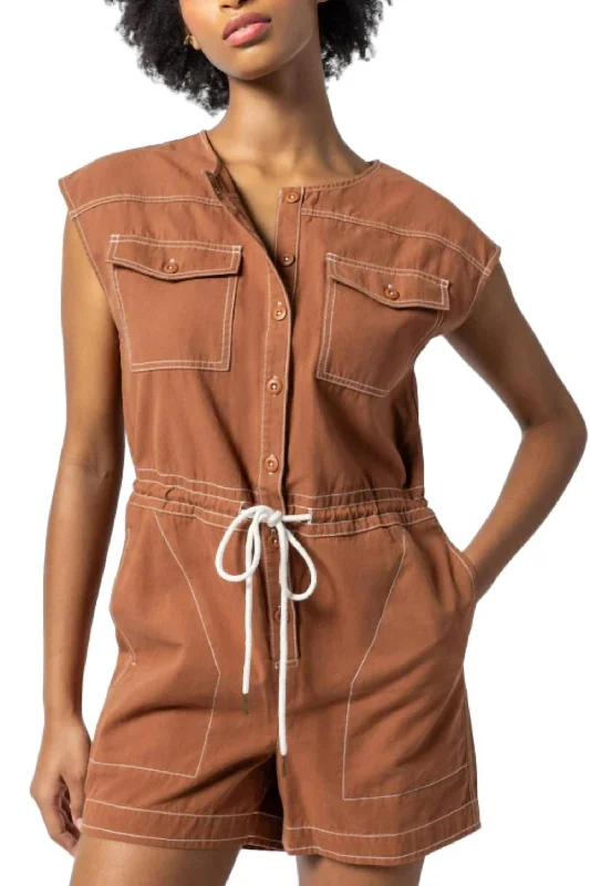 Short Sleeve Canvas Romper In Bronze