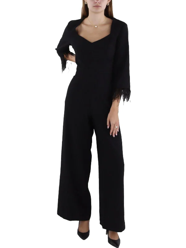 Womens Faux Feather Trim V Neck Jumpsuit