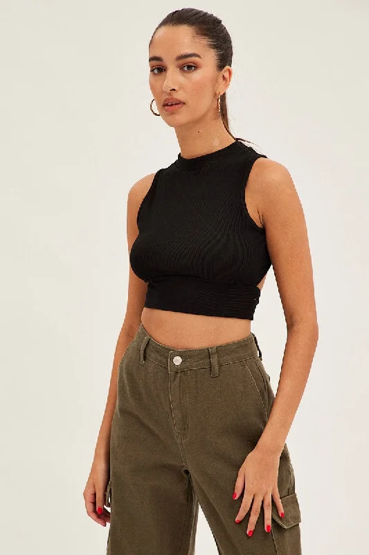 Black Rib Jersey Cropped Top