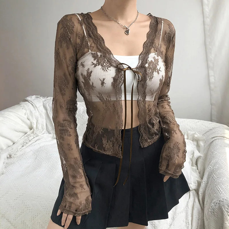 Women's V-Neck Lace Fashion Designer Transparent Blouse Long-Sleeve Tops