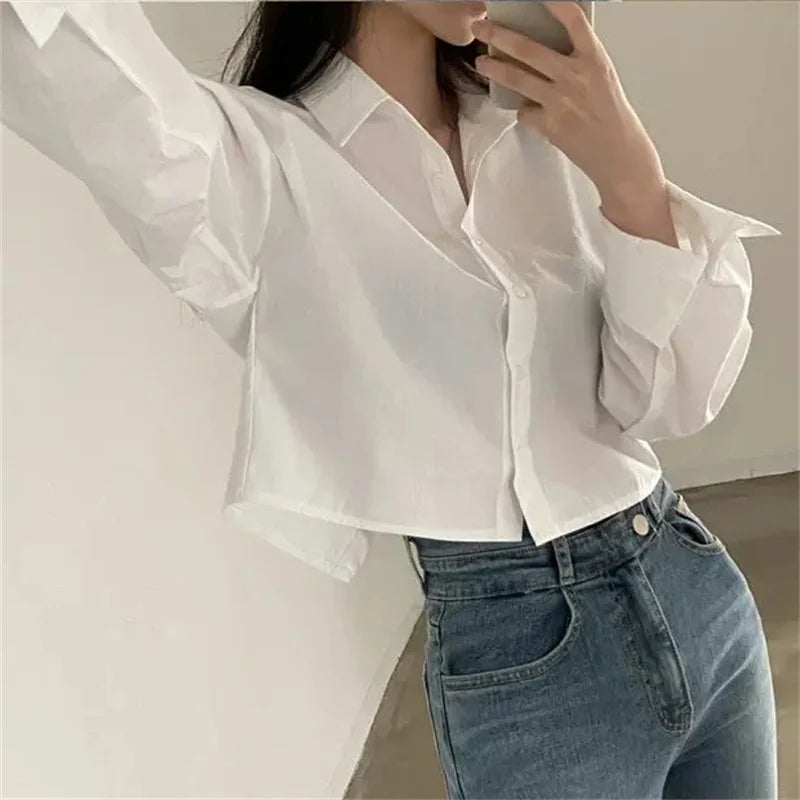 Women's Crop Office Shirt Fashion Designer Split Back Long-Sleeve Tops