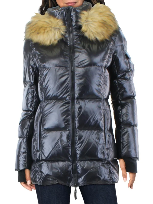 Womens Faux Fur Midi Puffer Jacket