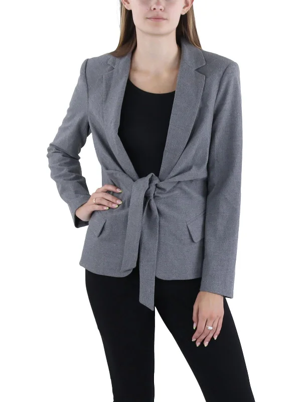 Womens Heathered Tie Front Open-Front Blazer