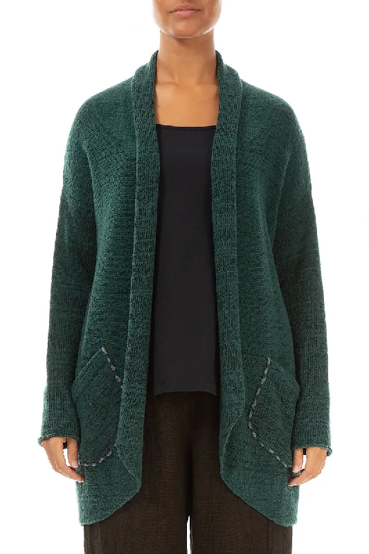 Decorated Pocket Open Green Wool Cardigan