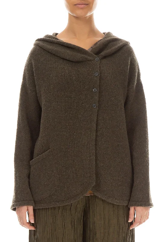 Hooded Khaki Wool Cardigan