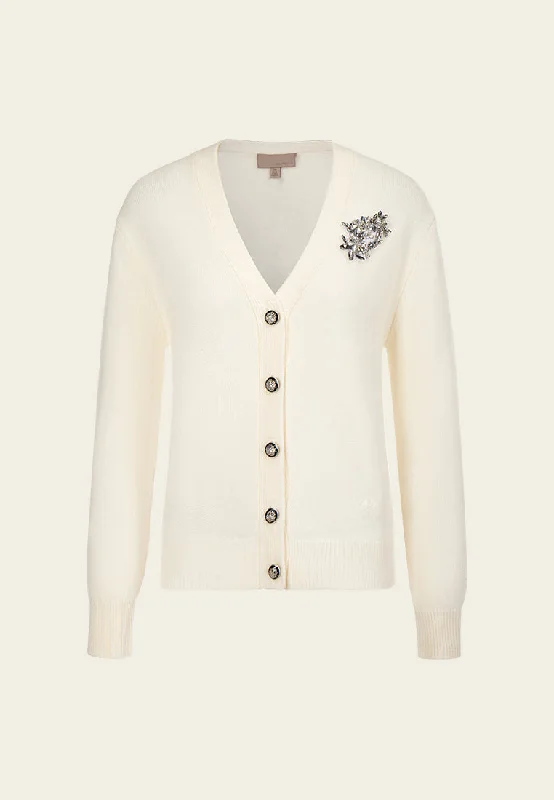 Ribbed Crystal-broach Button-embellished Cardigan